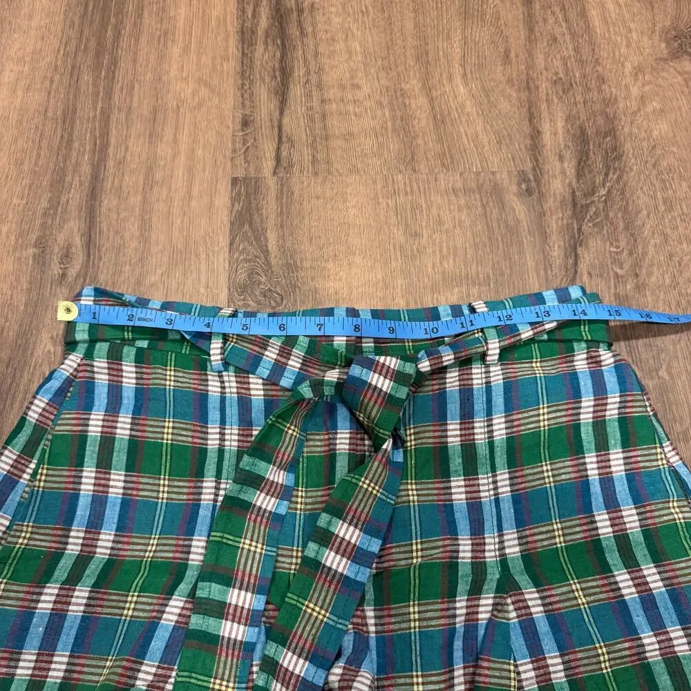 J.Crew Womens Green White Red Plaid Pleated Belted Dress Shorts Size 2 XS